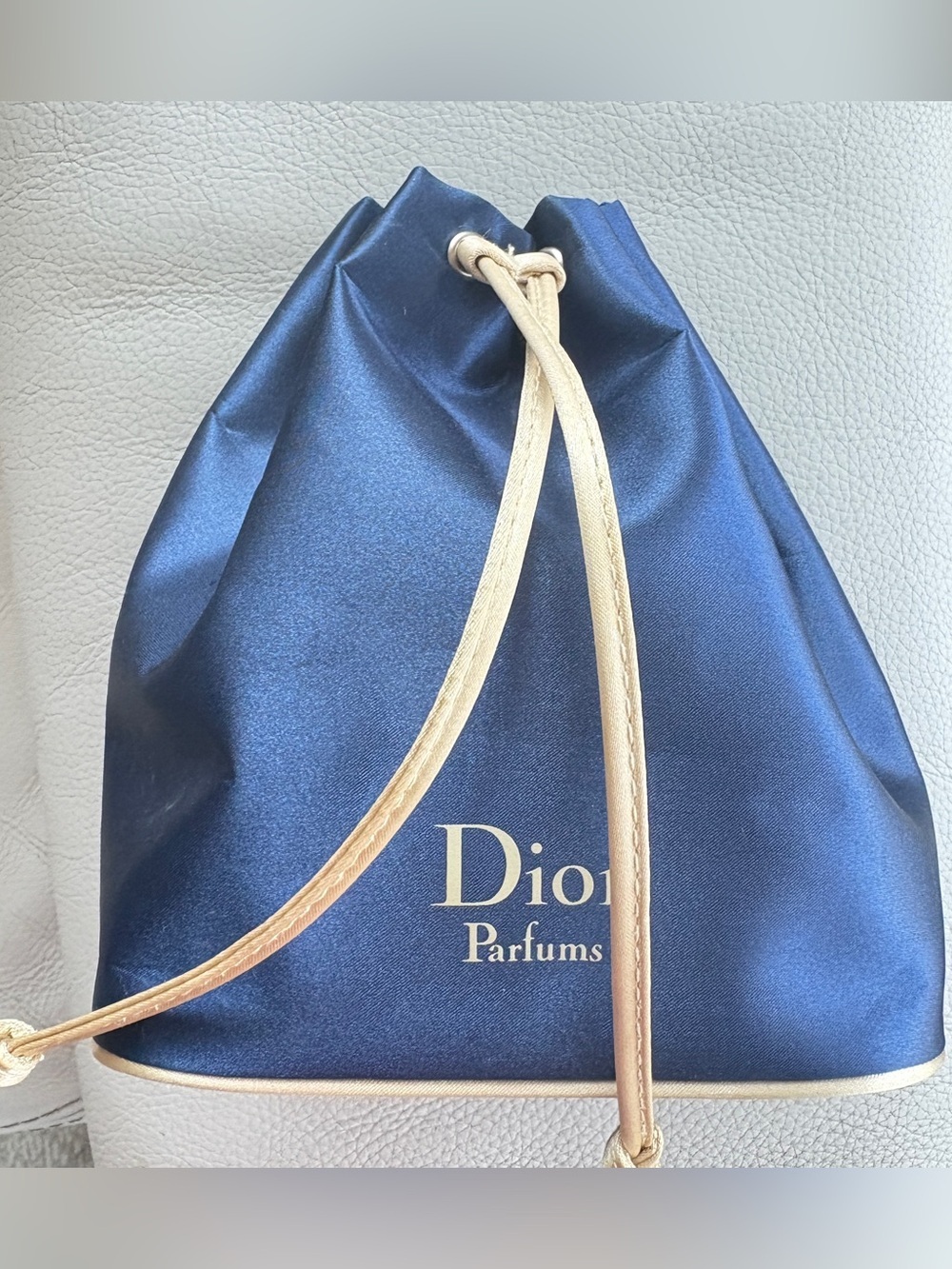 Dior Parfums Navy Satin Drawstring Bag with off white Trim